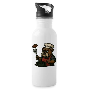 Bulldog Grill Master Flipping Steak Cartoon Art - Water bottle with straw - white - Right