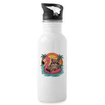 Lustiger Waschbär entspannt sich auf Flamingo Float Sunset - Trinkflasche mit integriertem Trinkhalm - Weiß - Rechts
