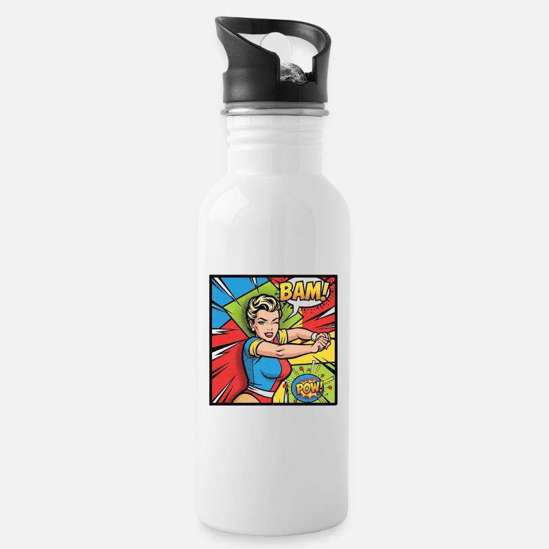 Pop Art Superheldin Kraftvoll - Trinkflasche mit integriertem Trinkhalm - Weiß