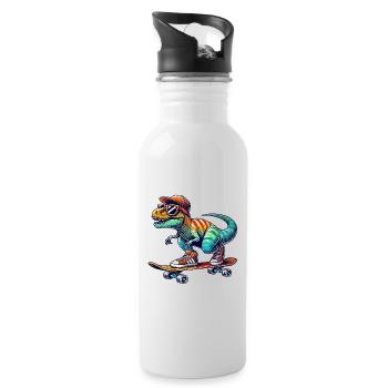 Funny Dinosaur Skating on Skateboard Cartoon Skate - Water bottle with straw - white - Right