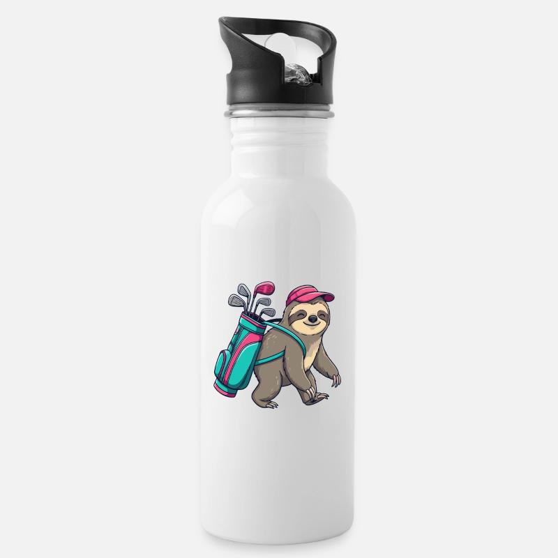 Lustiger Faultier-Golfer Cartoon Cooles Golftier - Trinkflasche mit integriertem Trinkhalm - Weiß
