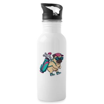 Lustiger Mops Golfer Cartoon Cooles Golftier - Trinkflasche mit integriertem Trinkhalm - Weiß - Rechts