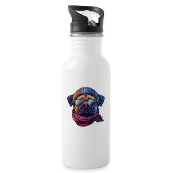 Hipster-Mops, Mütze und Schal mit Sonnenbrille - Trinkflasche mit integriertem Trinkhalm - Weiß - Rechts