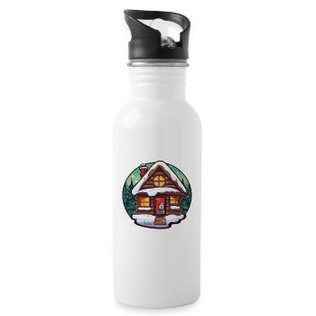 Winter cabin cartoon with cat - Water bottle with straw - white - Right