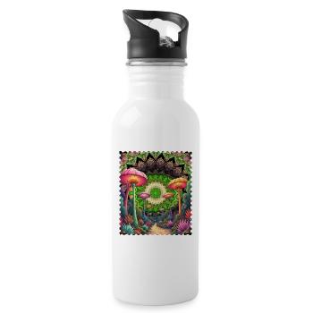 Psychedelic Mushroom Landscape Mandala - Water bottle with straw - white - Right