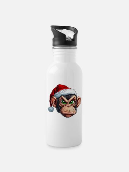 Affe mit Weihnachtsmütze :) - Trinkflasche mit integriertem Trinkhalm - Weiß