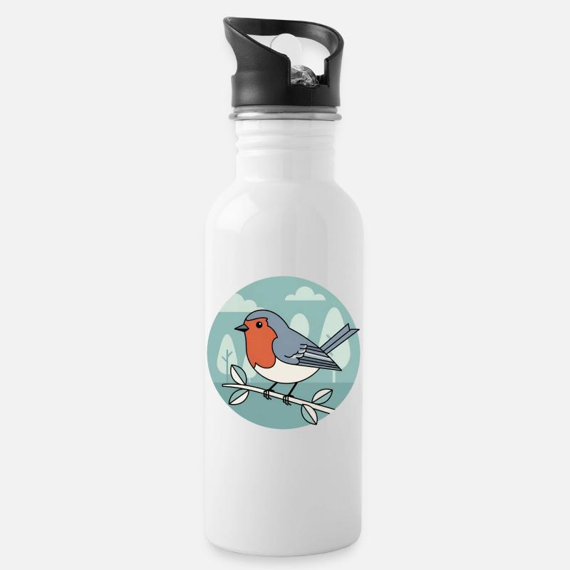Rotkehlchen - Trinkflasche mit integriertem Trinkhalm - Weiß