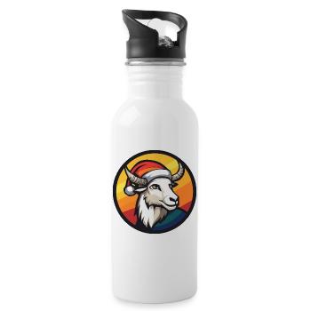Bock mit Santa-Hut vor Regenbogen - Trinkflasche mit integriertem Trinkhalm - Weiß - Rechts
