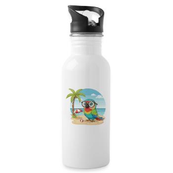 Cute Parrot with Glasses Beach Summer Vacation - Water bottle with straw - white - Right