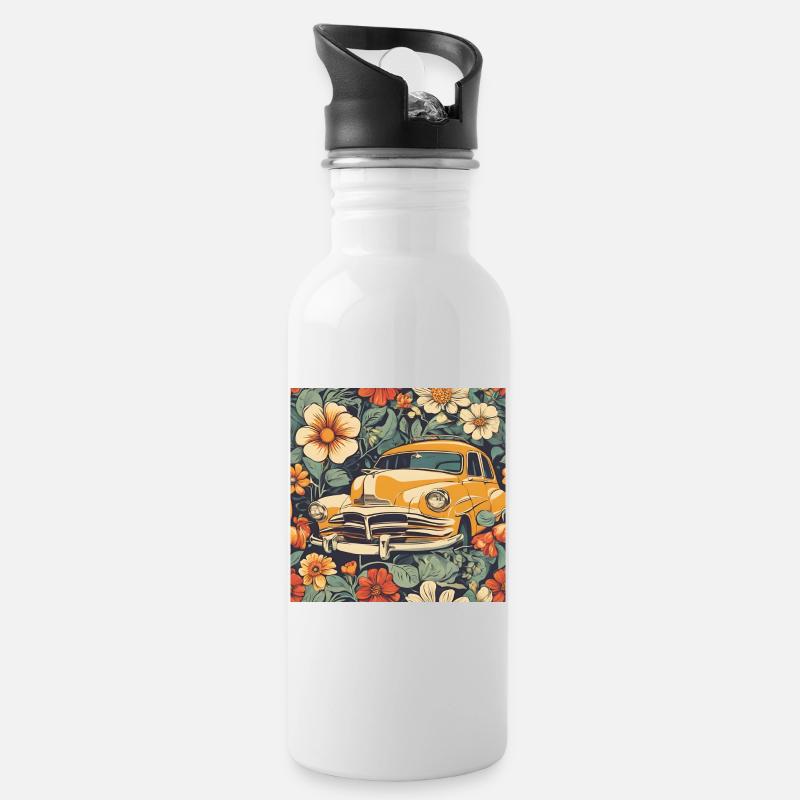 Voiture ancienne dans le cosmos fleuri - Gourde avec paille intégrée - blanc