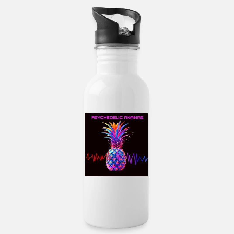 Psychedelischer Ananas Neonprint - Trinkflasche mit integriertem Trinkhalm - Weiß
