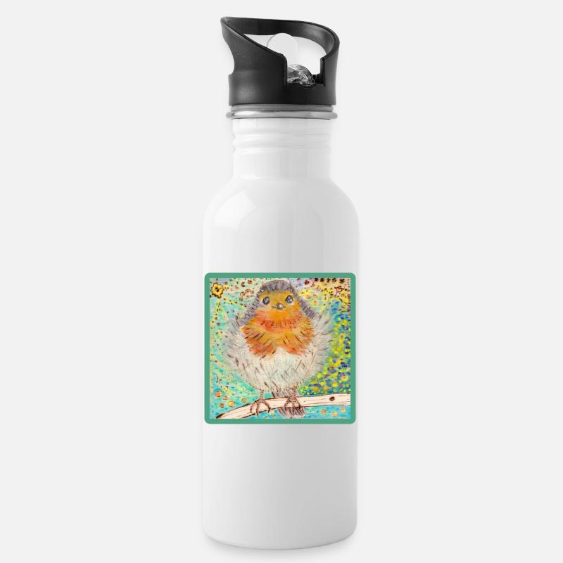 Rotkehlchen /Robin - Trinkflasche mit integriertem Trinkhalm - Weiß