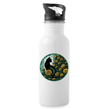 Mitternachtskatze zwischen goldenen Ringelblumen - Trinkflasche mit integriertem Trinkhalm - Weiß - Rechts