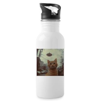 UFO cat over neon city - Water bottle with straw - white - Right