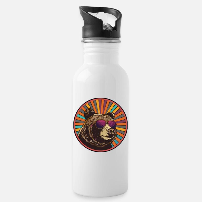 Bär mit Retro-Sonnenbrille - Trinkflasche mit integriertem Trinkhalm - Weiß