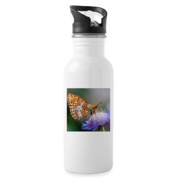 Mother-of-pearl butterfly on purple flower macro - Water bottle with straw - white - Right