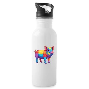 Buntes Schwein-Regenbogen-Pop-Art-Aquarell - Trinkflasche mit integriertem Trinkhalm - Weiß - Rechts
