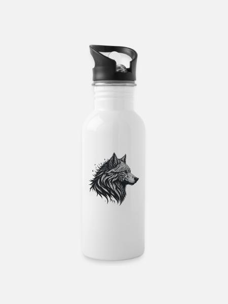 Geometrischer Schwarzer Wolf - Trinkflasche mit integriertem Trinkhalm - Weiß