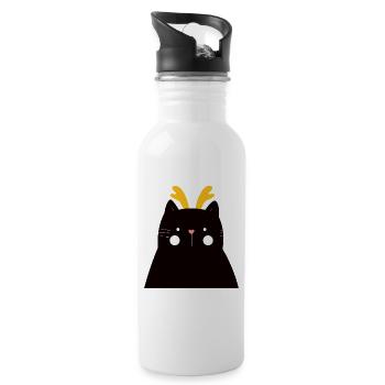 Schwarze Katze mit goldenen Geweihen - Trinkflasche mit integriertem Trinkhalm - Weiß - Rechts