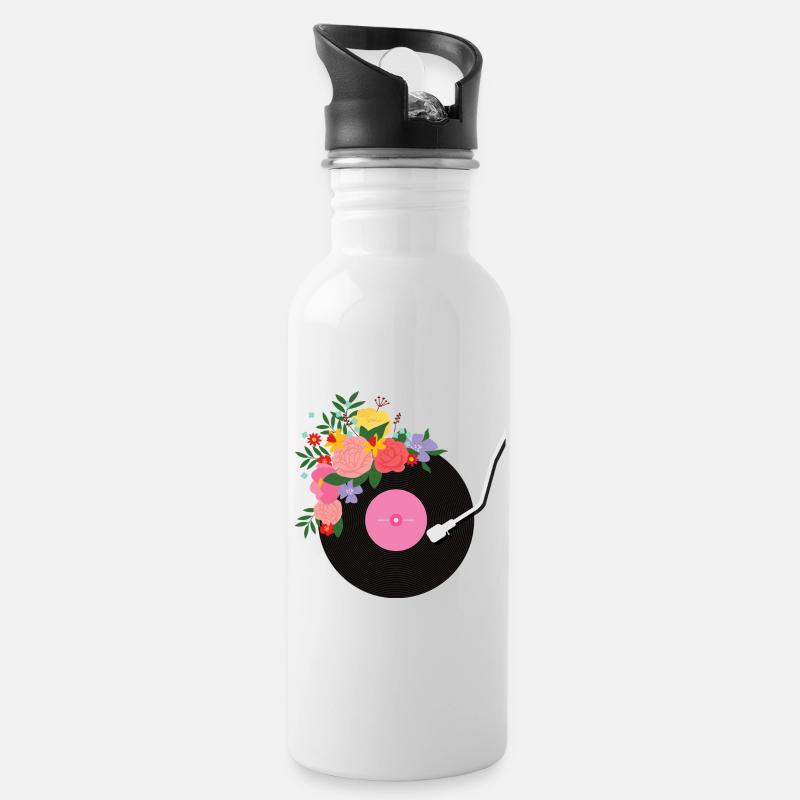 Blumige Schallplatte - Trinkflasche mit integriertem Trinkhalm - Weiß