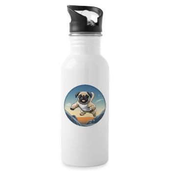 Pug Sprung über Berglandschaft - Trinkflasche mit integriertem Trinkhalm - Weiß - Rechts