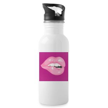 Glänzender pinker Lippenbiss auf Magenta - Trinkflasche mit integriertem Trinkhalm - Weiß - Rechts