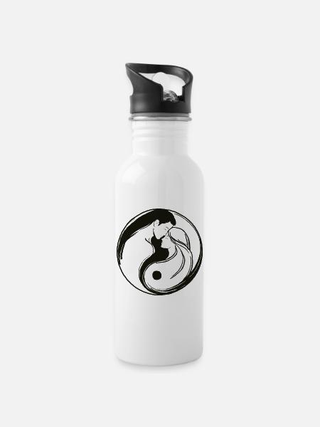 Yin Yang, Männliche u weibliche Energie in Balance - Trinkflasche mit integriertem Trinkhalm - Weiß