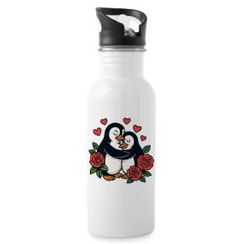 Pinguin Umarmung mit Rosenliebe - Trinkflasche mit integriertem Trinkhalm - Weiß - Rechts