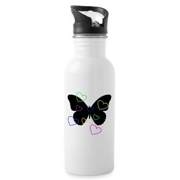 Mehrfarbige Neonherzen auf Schmetterling - Trinkflasche mit integriertem Trinkhalm - Weiß - Rechts