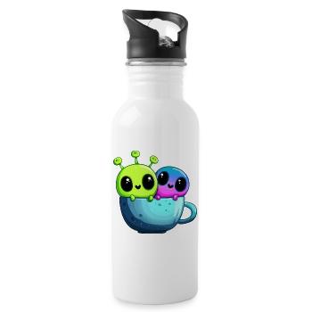 Kleines Alien-Paar in der Teetasse - Trinkflasche mit integriertem Trinkhalm - Weiß - Rechts
