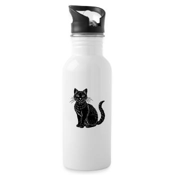 Schwarze Katze - Trinkflasche mit integriertem Trinkhalm - Weiß - Rechts