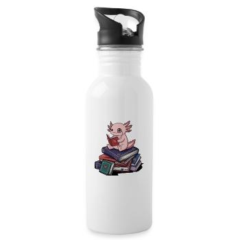 Bookworm Axolotl Fish Reading Books Art - Water bottle with straw - white - Right