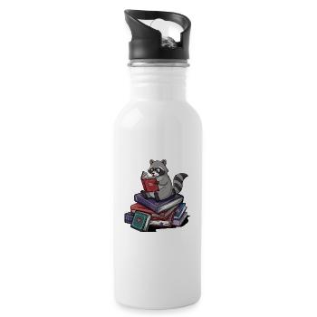 Bookworm Raccoon Trash Panda Reading Books - Water bottle with straw - white - Right