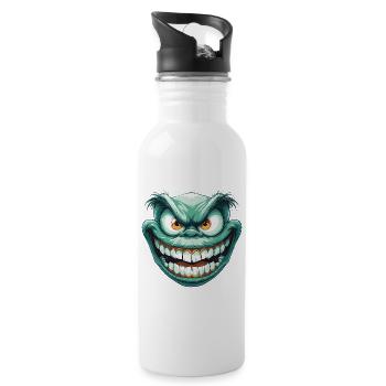 Hellgrünes Gesicht mit verrücktem Blick und heimlichem Lächeln - Trinkflasche mit integriertem Trinkhalm - Weiß - Rechts