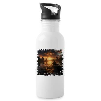 Sunset on the lake with boat fisherman - Water bottle with straw - white - Right