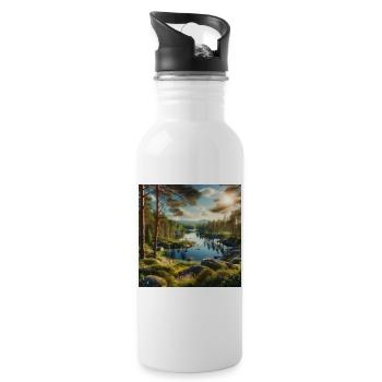 Forest lake in the evening sun - Water bottle with straw - white - Right