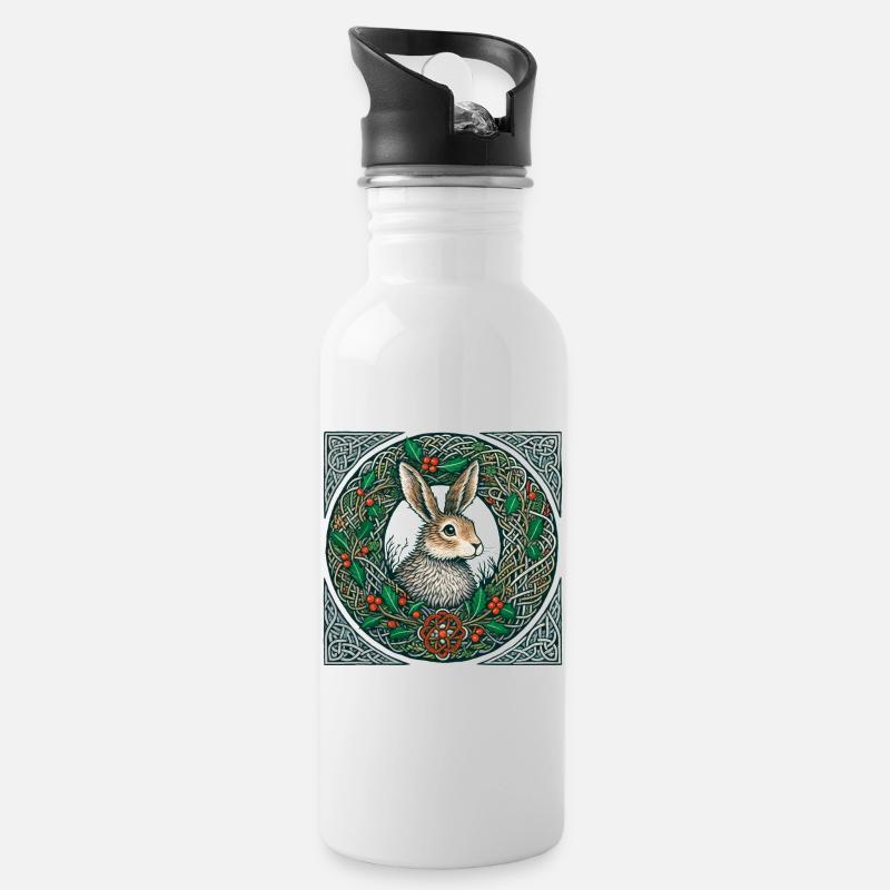 Hase im keltischen Winterkranz - Trinkflasche mit integriertem Trinkhalm - Weiß