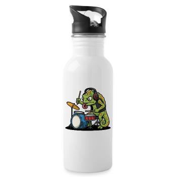 Caméléon Batteur Rock Musique Mascotte Cartoon - Gourde avec paille intégrée - blanc - Droite