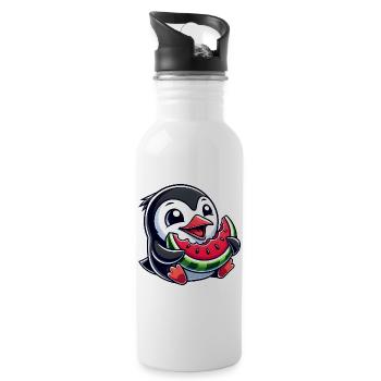 Penguin with Watermelon Summer Fruit - Water bottle with straw - white - Right