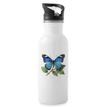 Blauer Schmetterling auf dem Ast - Trinkflasche mit integriertem Trinkhalm - Weiß - Rechts
