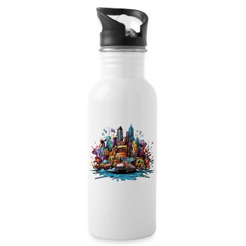 Bunte Stadtsilhouette mit Autos - Trinkflasche mit integriertem Trinkhalm - Weiß - Rechts