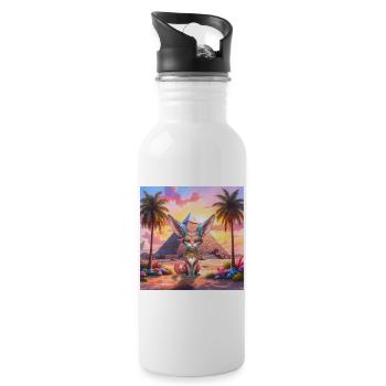Pharao-Katze bei Sonnenuntergang - Trinkflasche mit integriertem Trinkhalm - Weiß - Rechts