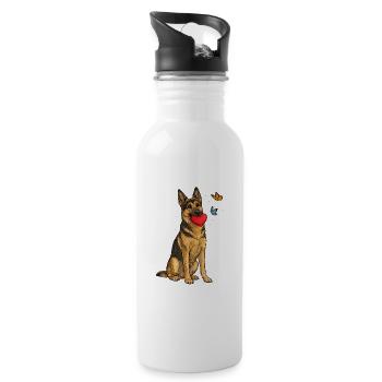 Deutscher Schäferhund mit Herz und Schmetterlingen - Trinkflasche mit integriertem Trinkhalm - Weiß - Rechts