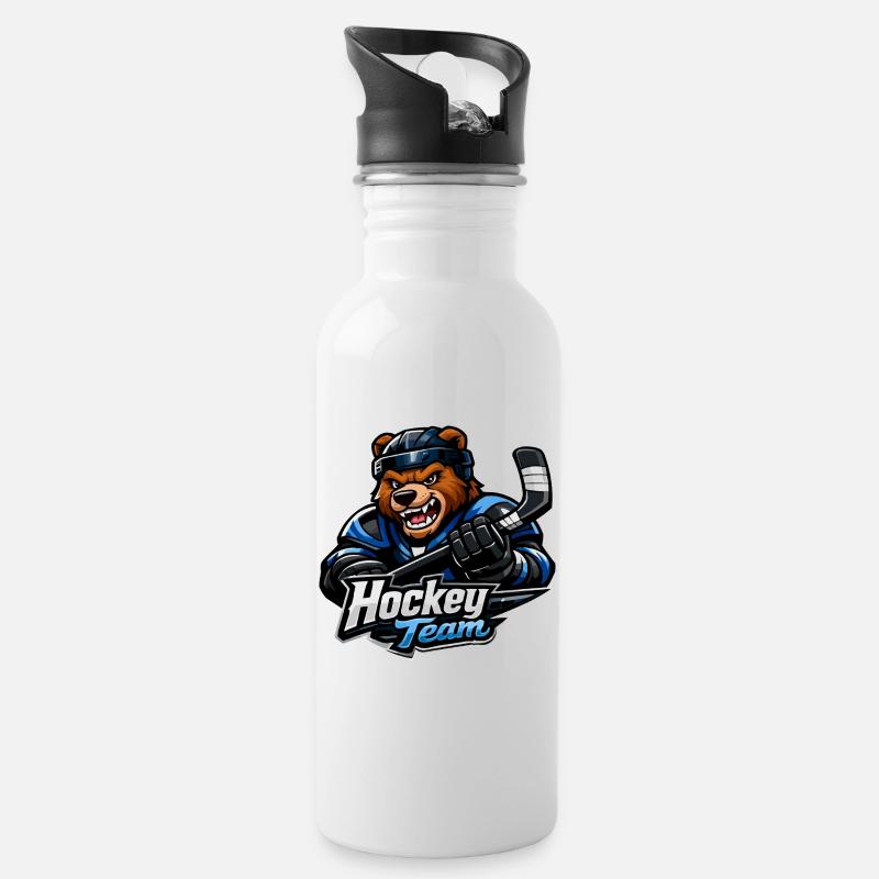 Bär Eishockey Team Maskottchen - Trinkflasche mit integriertem Trinkhalm - Weiß