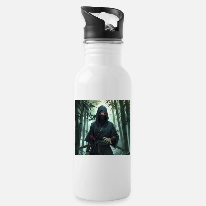 Ninja im Bambuswald - Trinkflasche mit integriertem Trinkhalm - Weiß
