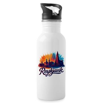 Reykjavík Silhouette – Island Grafikdesign - Trinkflasche mit integriertem Trinkhalm - Weiß - Rechts