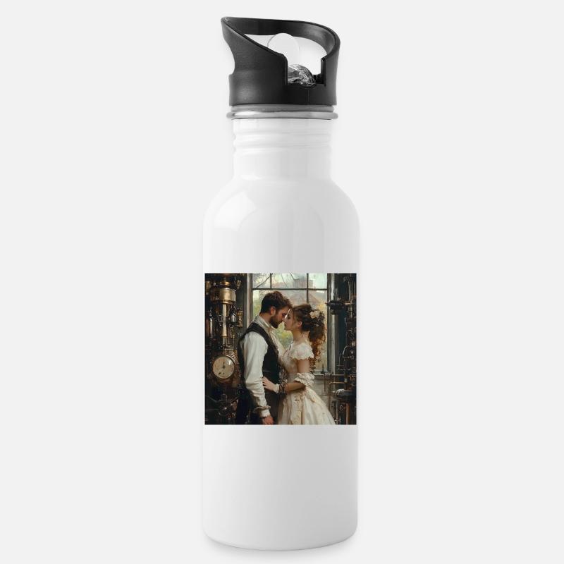 Steampunk Romantik: Liebespaar im Labor - Trinkflasche mit integriertem Trinkhalm - Weiß