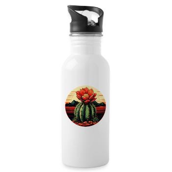 Wüstenkaktus mit roter Blüte im Kreis - Trinkflasche mit integriertem Trinkhalm - Weiß - Rechts