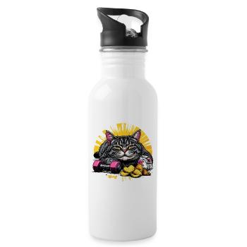 Faule Katze mit Chips und Hanteln - Trinkflasche mit integriertem Trinkhalm - Weiß - Rechts
