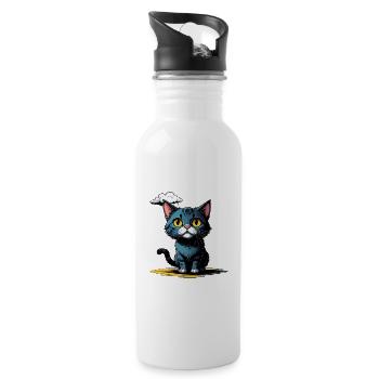 Katze unter einer Regenwolke - Trinkflasche mit integriertem Trinkhalm - Weiß - Rechts